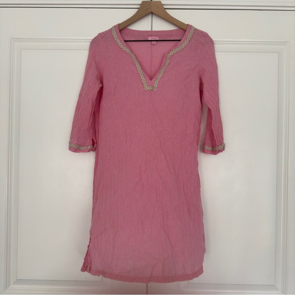 Lilly Pulitzer Pink Gold Metallic Tunic Dress 3/4 Sleeve Slit Embroidered Lace L
